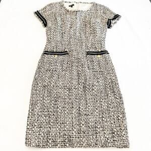 Talbots Tweed Fringe Hem Short Sleeve Midi Dress Pockets Gold Buttons Size 2